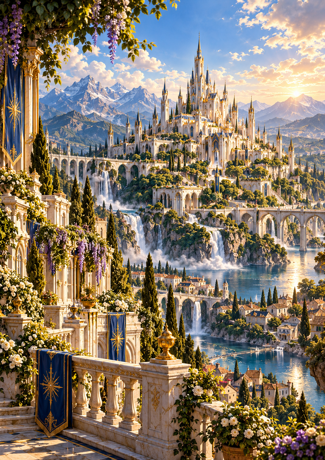 Palais blanc et or, ponts et cascades dans les montagnes d’Astréa
